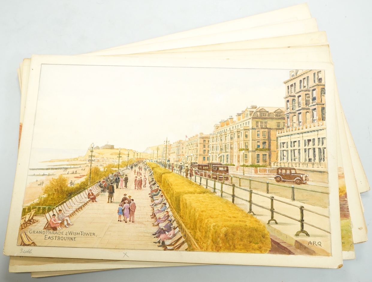 Alfred Robert Quinton (1853-1934), Set of six original watercolours for postcard designs, Sussex coastal towns, to include Warrior Square Gardens, St. Leonards, The Cuckmere Valley, Seaford, Grand Parade and Wish Tower,